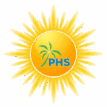 Bright sun logo with palm tree design and PHS initials.