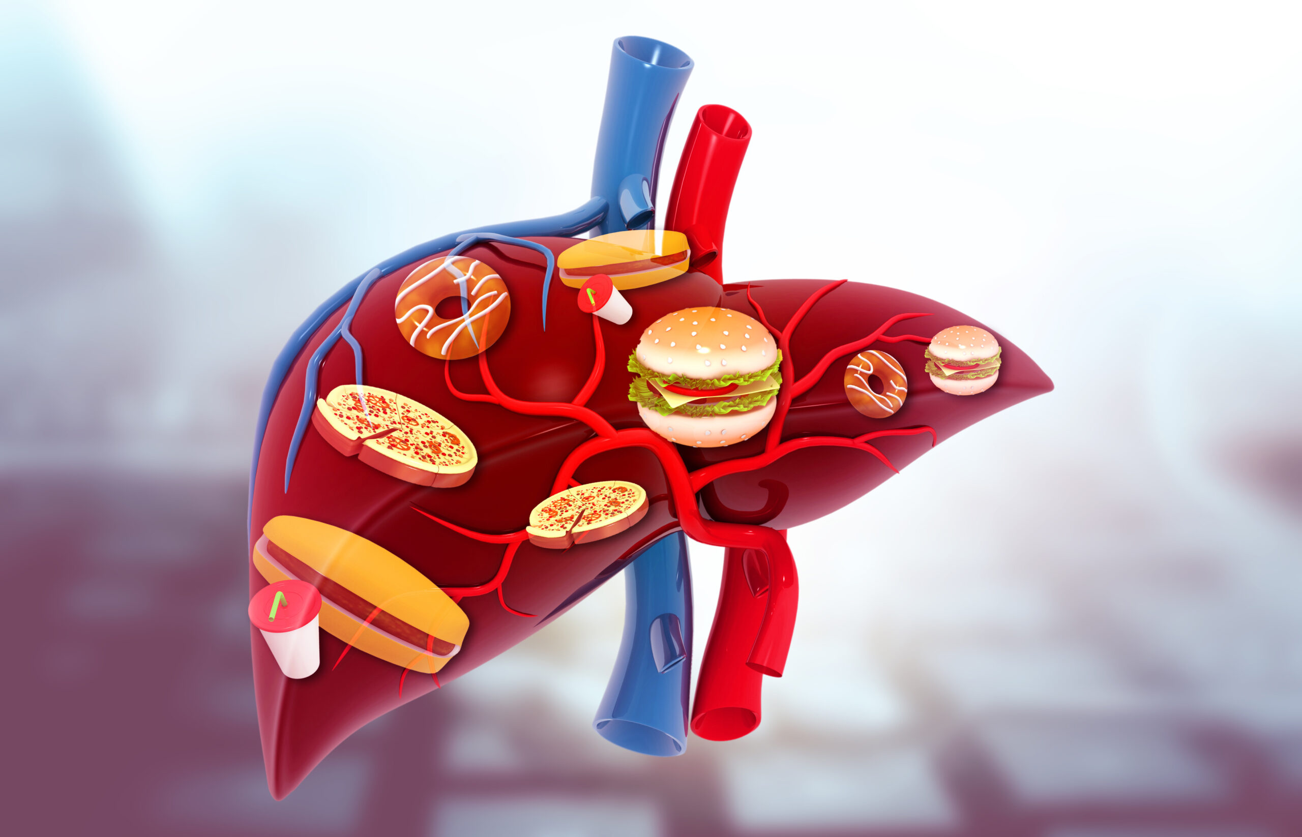 Human liver anatomy with junk food, fast food, unhealthy food.3d illustration