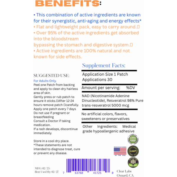 Pacific Health Sciences Clear Labs NAD+ and Resveratrol Anti-Aging Patches, Liposomal Formula for Energy and Cell Support - Image 2